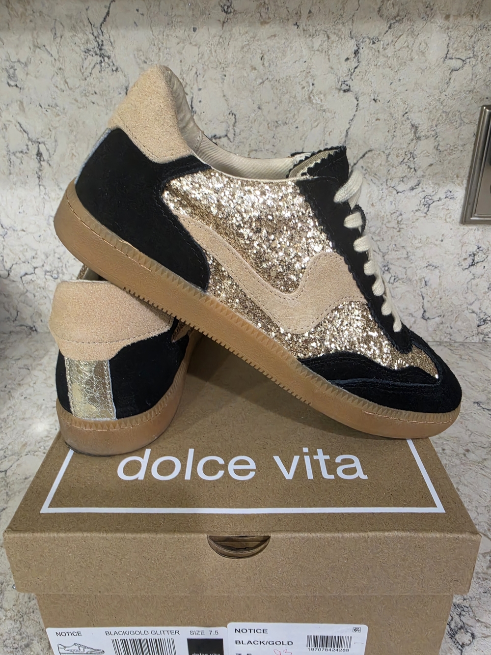 Dolce Vita Black Gold Glitter and Tan Suede Low-Top Sneakers Worn 1 Time